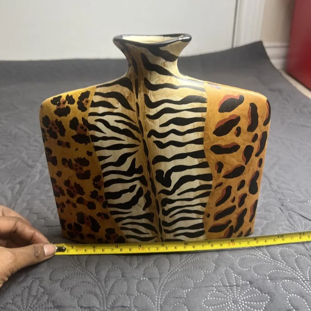 Medium Art Pottery Animal Print Flat Sided Rectangular Bud Vase Gift Home Decor